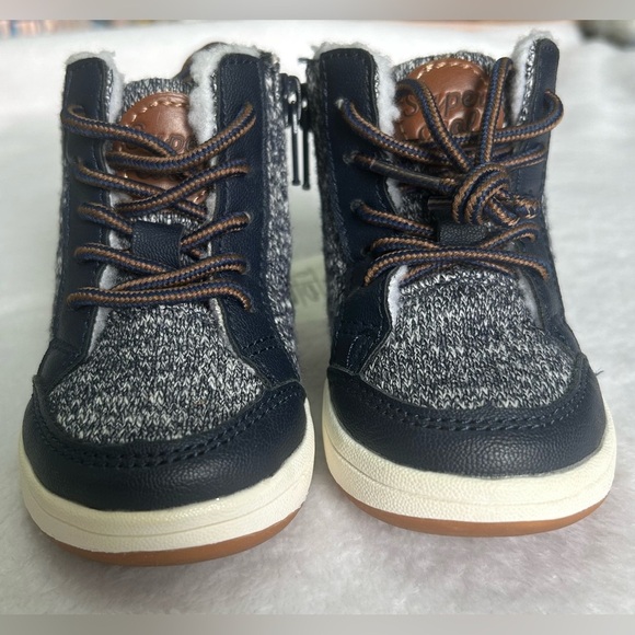 H&M Toddler Kids 2.5-3.5 Navy Blue/Brown Boots white faux fur inside side zipper - Picture 2 of 8